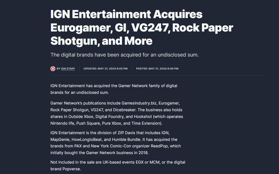 noticia oficial de la adquisición de Gamer Network por parte de IGN