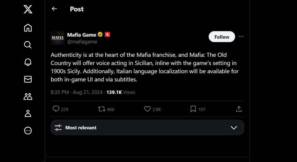 2K confirma en Twitter el doblaje en siciliano para Mafia The Old Country