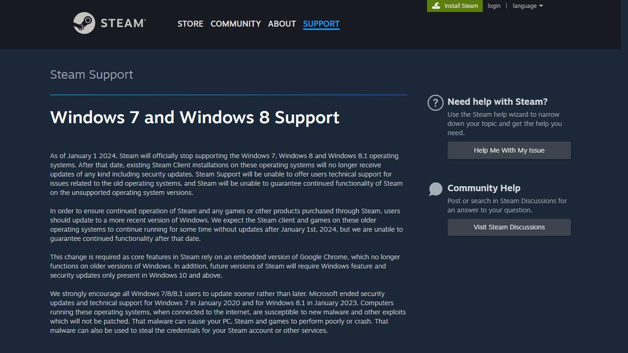 Anuncio oficial de Valve sobre el fin del soporte para Windows 7, 8 y 8.1