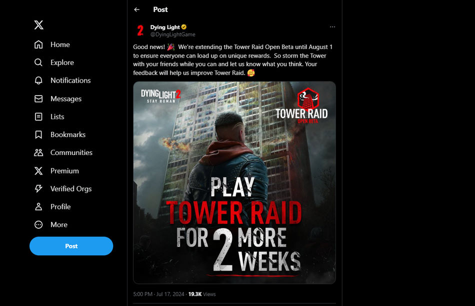 Techland anuncia la extensión del Tower Raid en Dying Light 2, twitter(X)