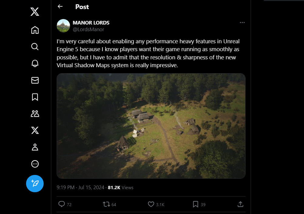 Manor Lords twitter habla sobre Unreal Engine 5