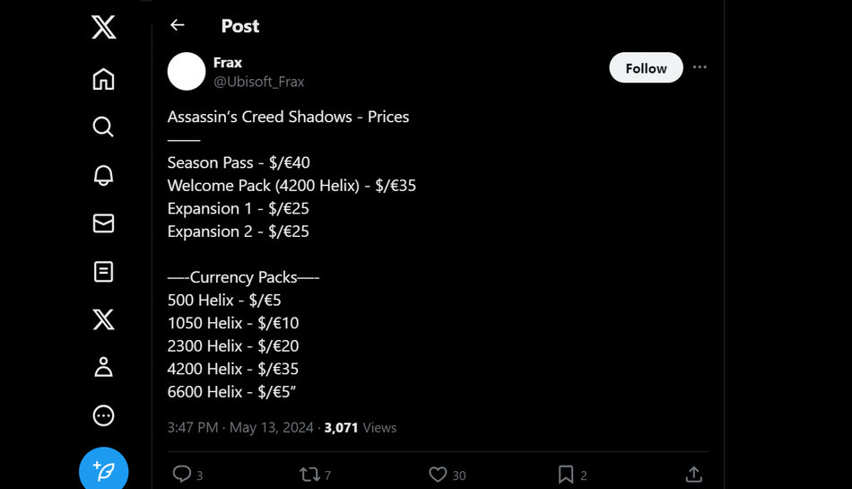 usuario Ubisoft_Frax filtraciones en Twitter para precios de AC Shadows
