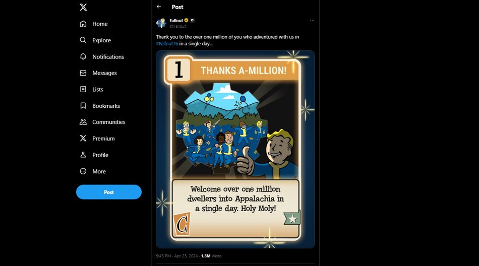 Más de 1 millón de jugadores en un solo día en Fallout 76 a través de Twitter