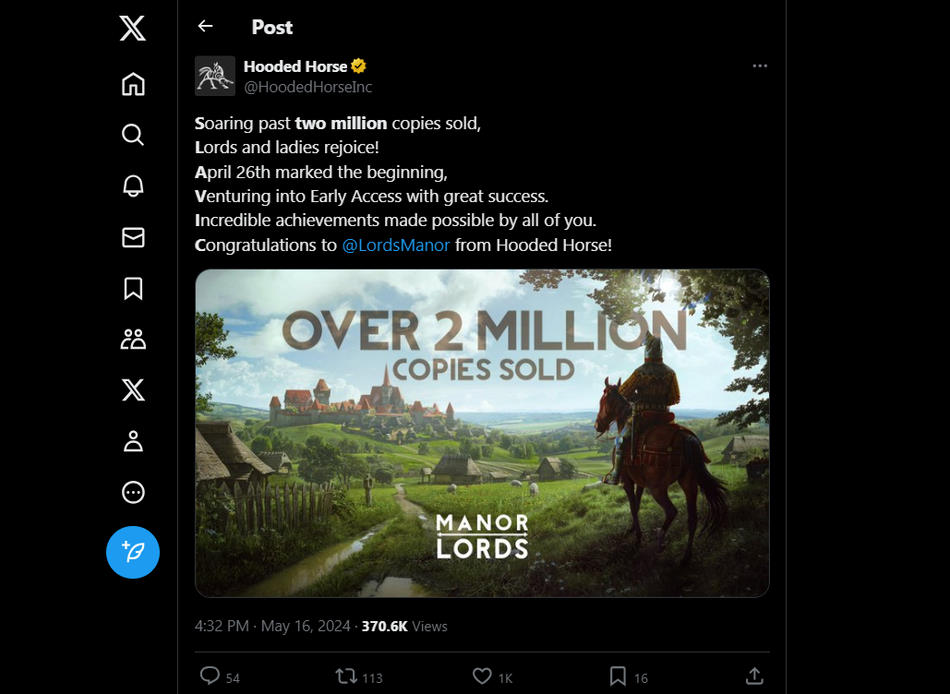 Hooded Horse anuncia en Twitter que Manor Lords ha superado los 2 millones de copias vendidas